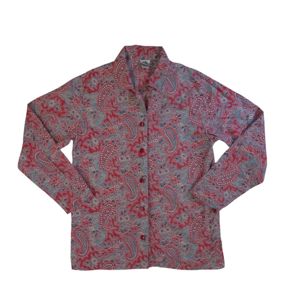 Allison Rhea Blouse Women S Paisley Red Blue Long Sleeve Button-Up Grandma Boho